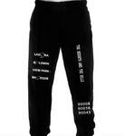 Black Preview Sweatpants by The Heights and The Hills. Features the text "Ladera," "Baldwin," and "View Park-Windsor," in the center of the right pant leg, and the text "The Heights and The Hills" fashioned diagonally in the center of the left pant leg. The lower left pant-leg features the zip codes 90008, 90056, 90043 stacked on top of each other. Only available at TheHeightsAndTheHills.com
