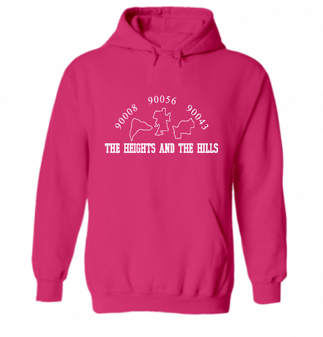 The Heights and The Hills classic logo in white ink printed on a comfy, hot pink colored, unisex pullover sweatshirt. Represent the 90008, 90056, and 90043 neighborhoods in Los Angeles only at TheHeightsAndTheHills.com