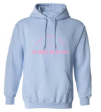 The Heights and The Hills classic logo in bubblegum pink ink printed on a comfy, baby blue colored, unisex pullover sweatshirt. Represent the 90008, 90056, and 90043 neighborhoods in Los Angeles only at TheHeightsAndTheHills.com