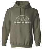The Heights and The Hills classic logo in white ink printed on a comfy, military green colored, unisex pullover sweatshirt.