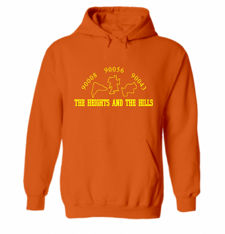 The Heights and The Hills classic logo in yellow ink printed on a comfy, orange colored, unisex pullover sweatshirt. Represent the 90008, 90056, and 90043 neighborhoods in Los Angeles only at TheHeightsAndTheHills.com