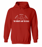 The Heights and The Hills classic logo in white ink printed on a comfy, red colored, unisex pullover sweatshirt.
