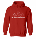 The Heights and The Hills classic logo in white ink printed on a comfy, red colored, unisex pullover sweatshirt.