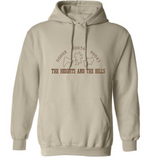 The Heights and The Hills classic logo in brown ink printed on a comfy, tan sand colored, unisex pullover sweatshirt. Represent the 90008, 90056, and 90043 neighborhoods in Los Angeles only at TheHeightsAndTheHills.com